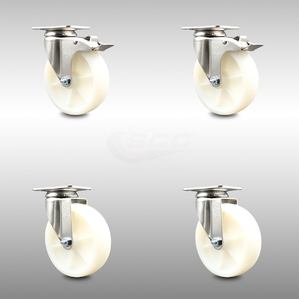 5 Inch 316SS Nylon Wheel Swivel Top Plate Caster Lock Brakes SCC, 2PK